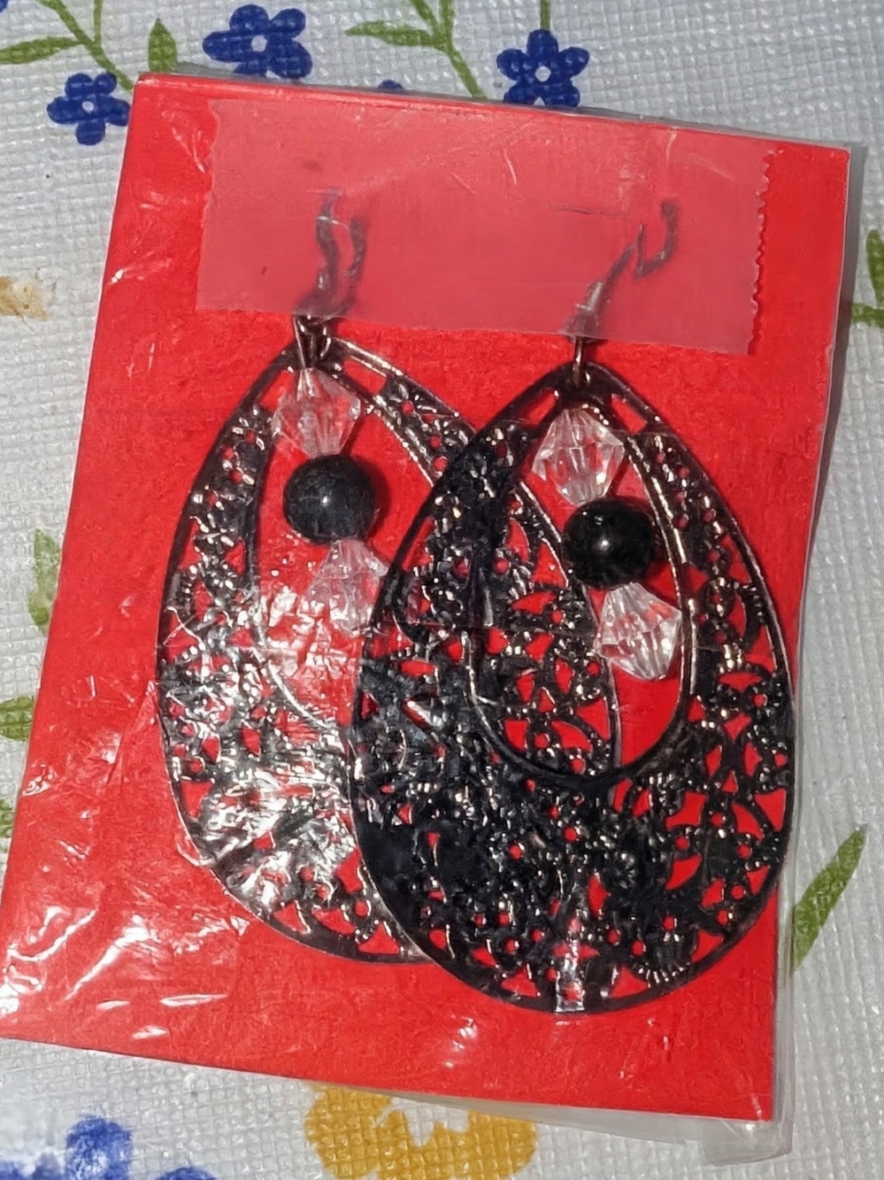 Black Filigree Teardrop Earrings with Black Bead Accent